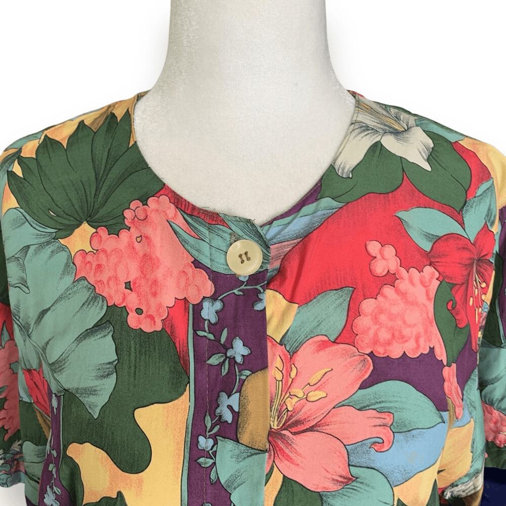 Vintage Tropical Floral Blouse Art Print Shirt Medium Multicolor Vacation Resort